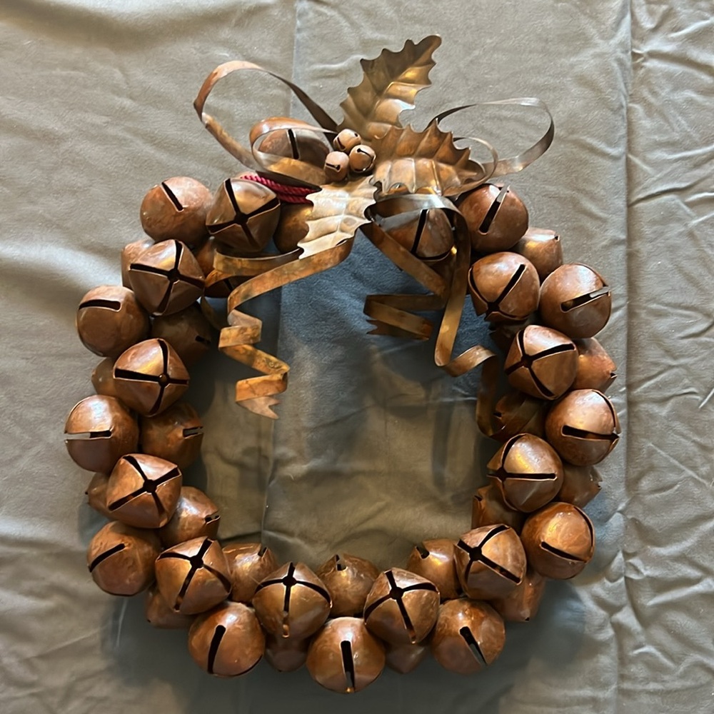 Vintage Christmas Metal Jingle Bells Holly Wreath Rust Patina Tarnish